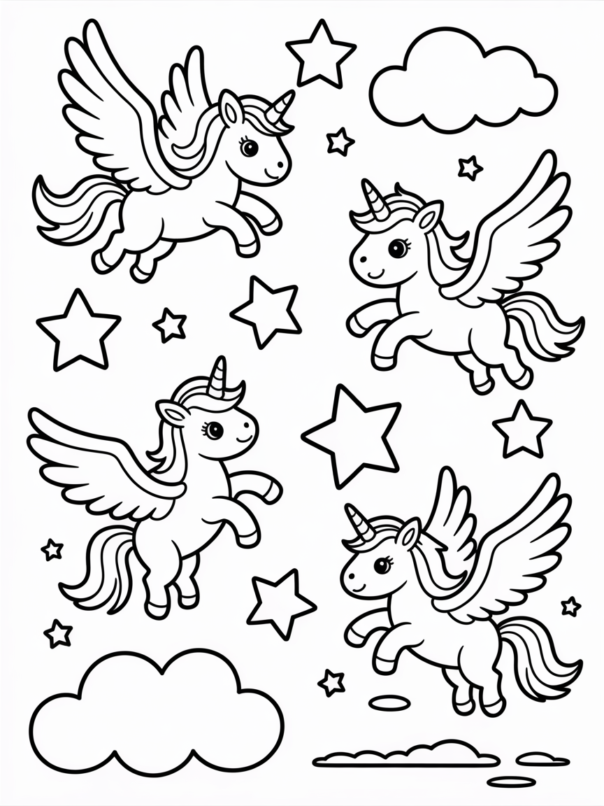 Winged unicorns flying through space - Free Coloring Page