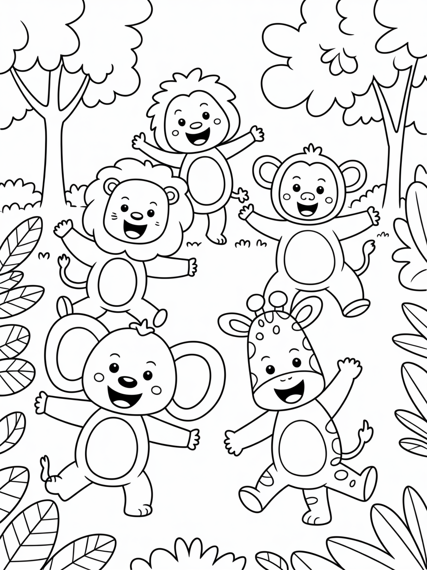 Jungle animals having a dance party - Free Coloring Page