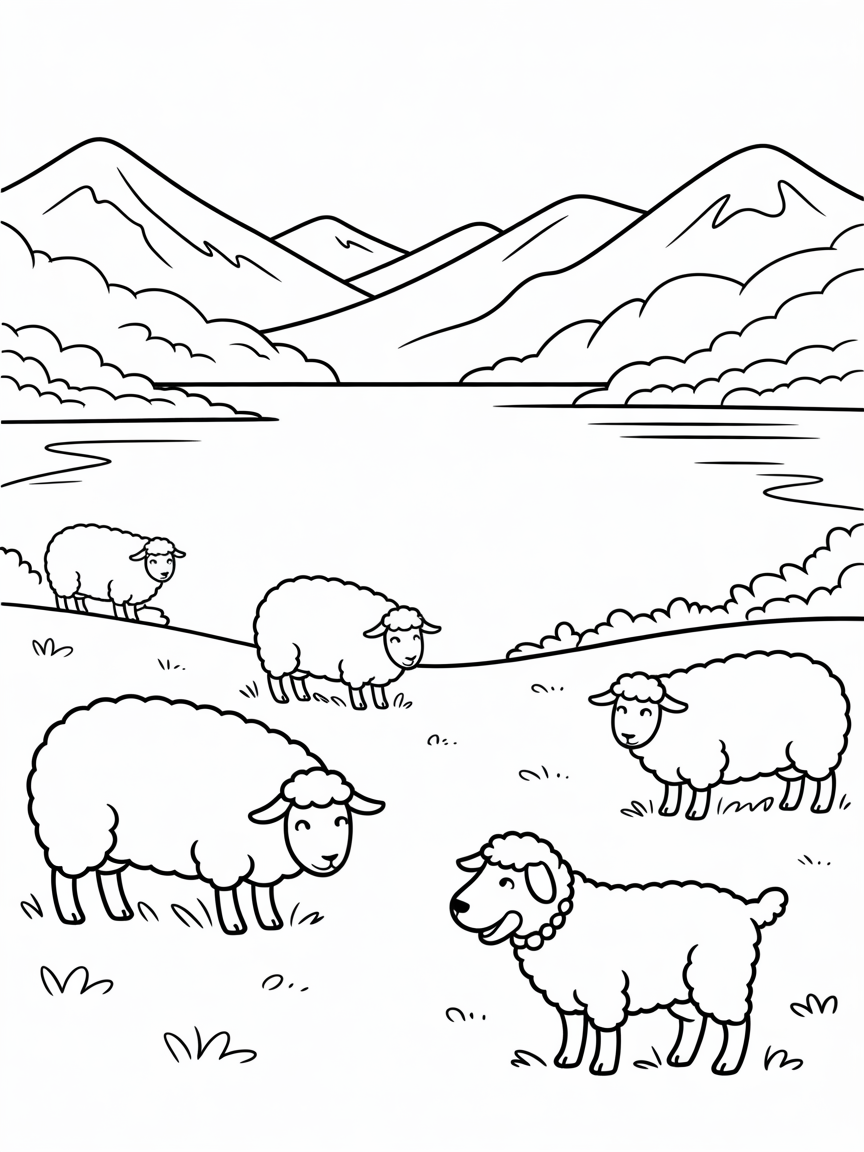 Lake mountains sheep sheep dog - Free Coloring Page