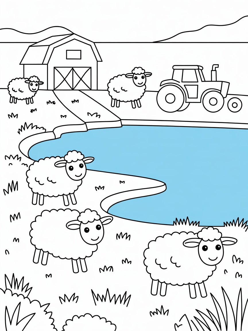 Farm. Lake. Sheep - Free Coloring Page