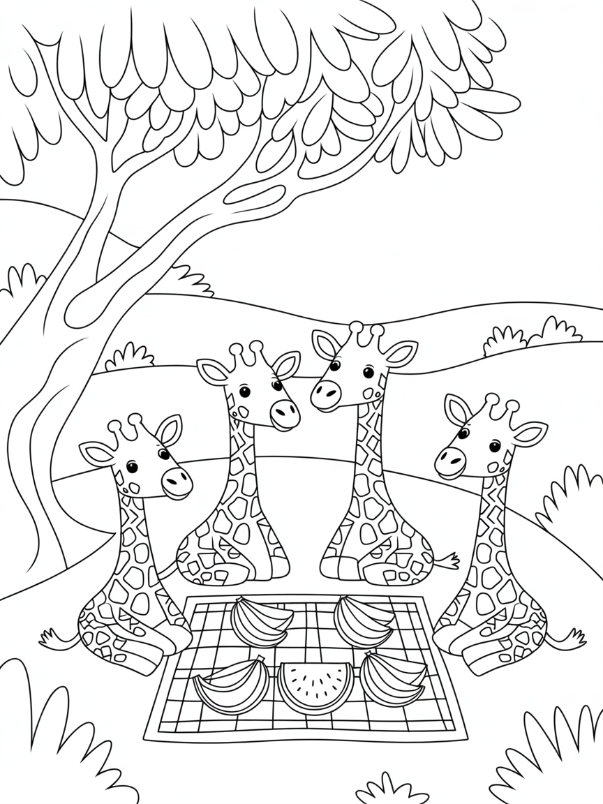 Giraffes having a jungle picnic - Free Coloring Page