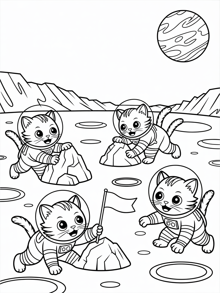 Space kittens exploring Mars - Free Coloring Page
