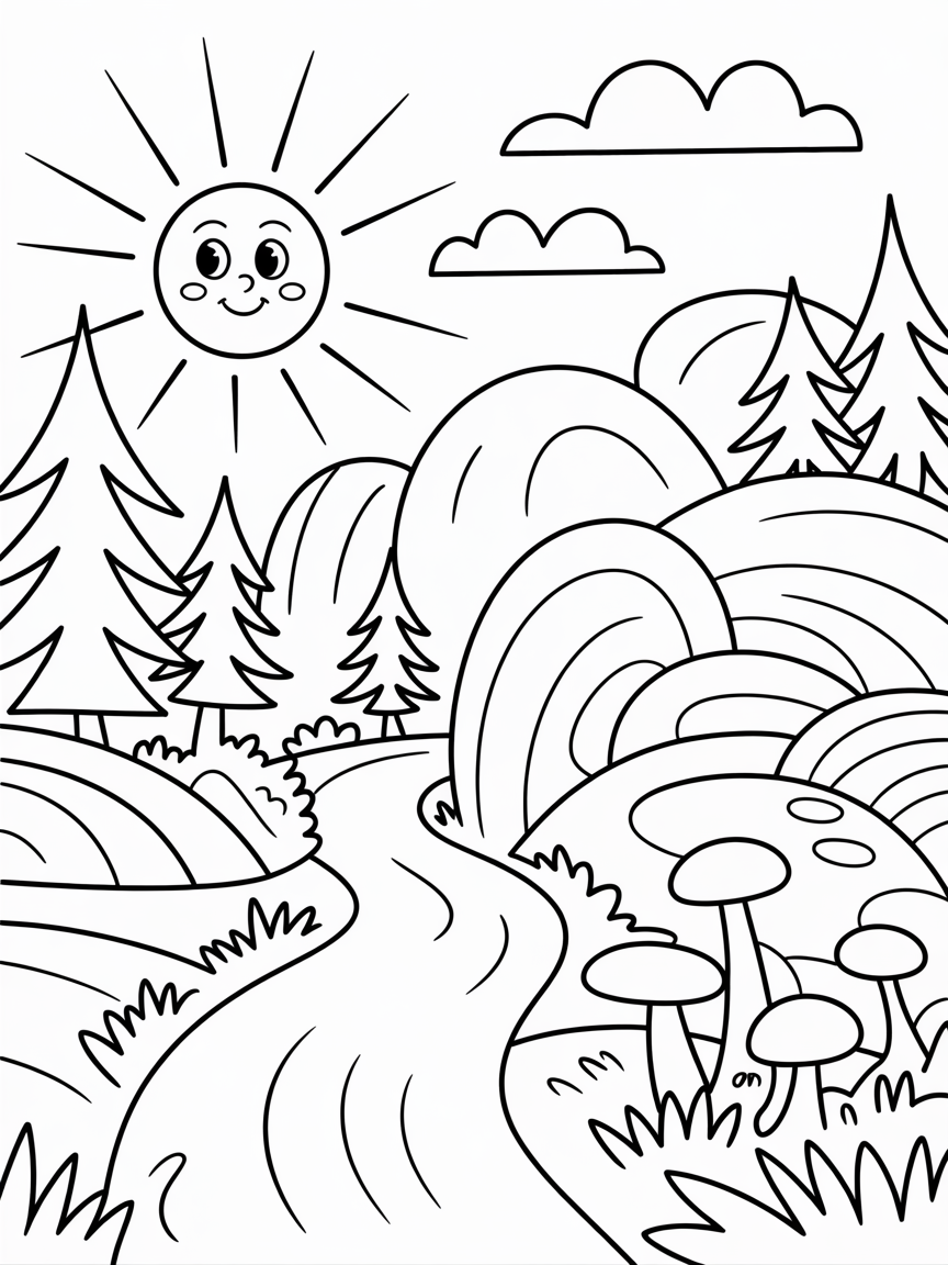 Woodland with sun shining through trees - Free Coloring Page