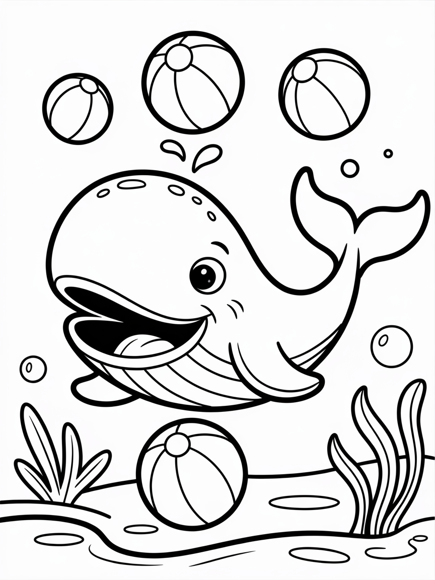 Whale juggling with beach balls - Free Coloring Page