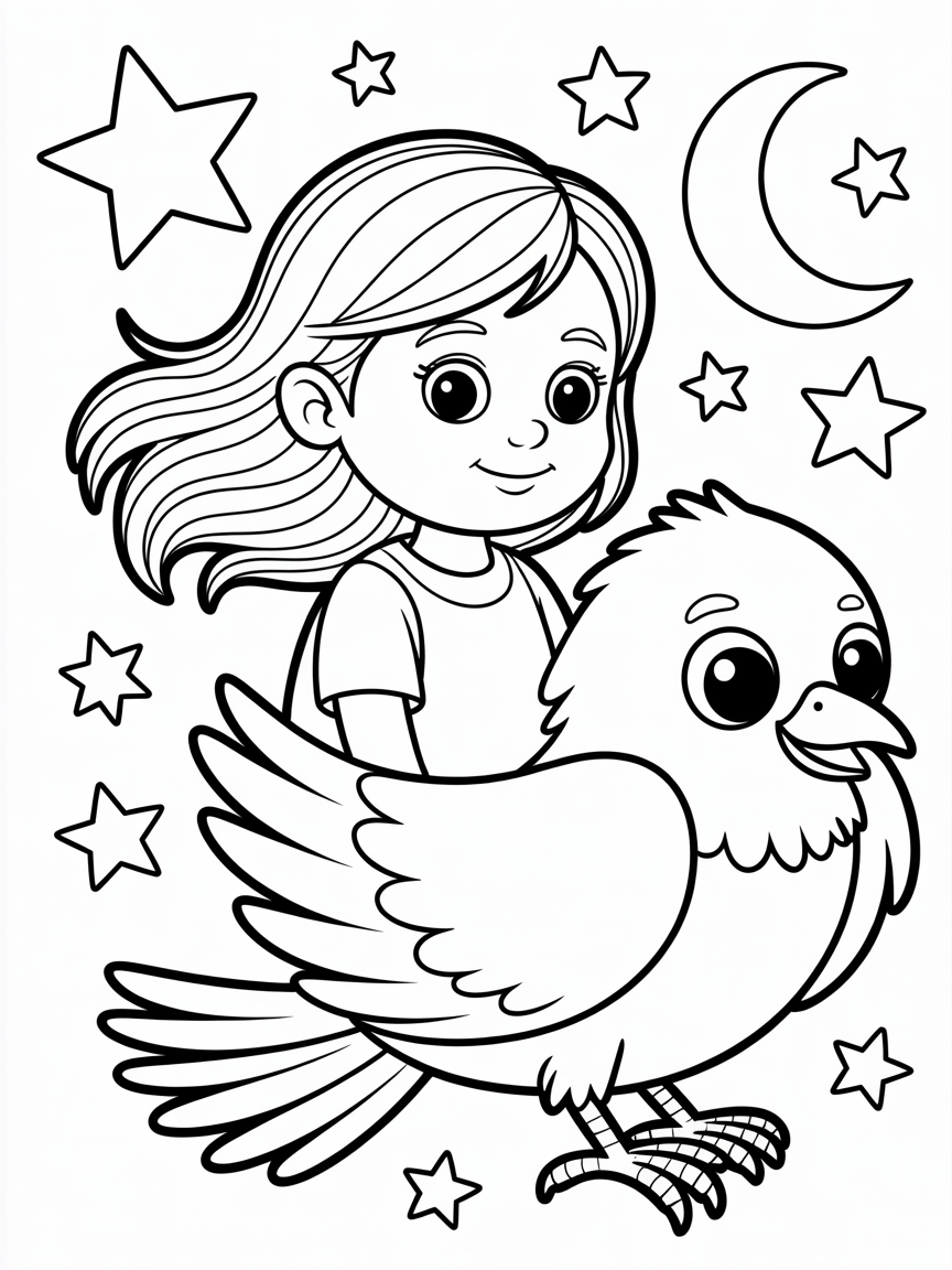 A girl at 14 years old with brown hair transforms to a beutiful big bird in the night - Free Coloring Page