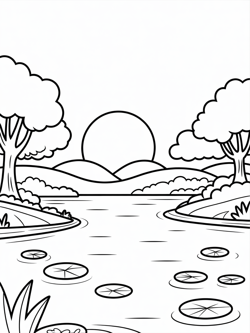 A lake in August at down - Free Coloring Page