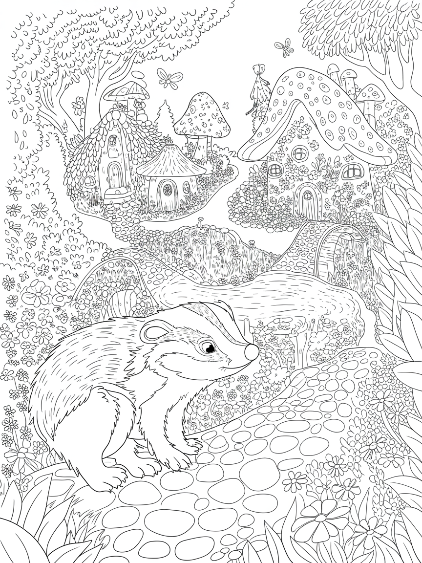 Fairy village in a clearning with a cute badger - Free Coloring Page