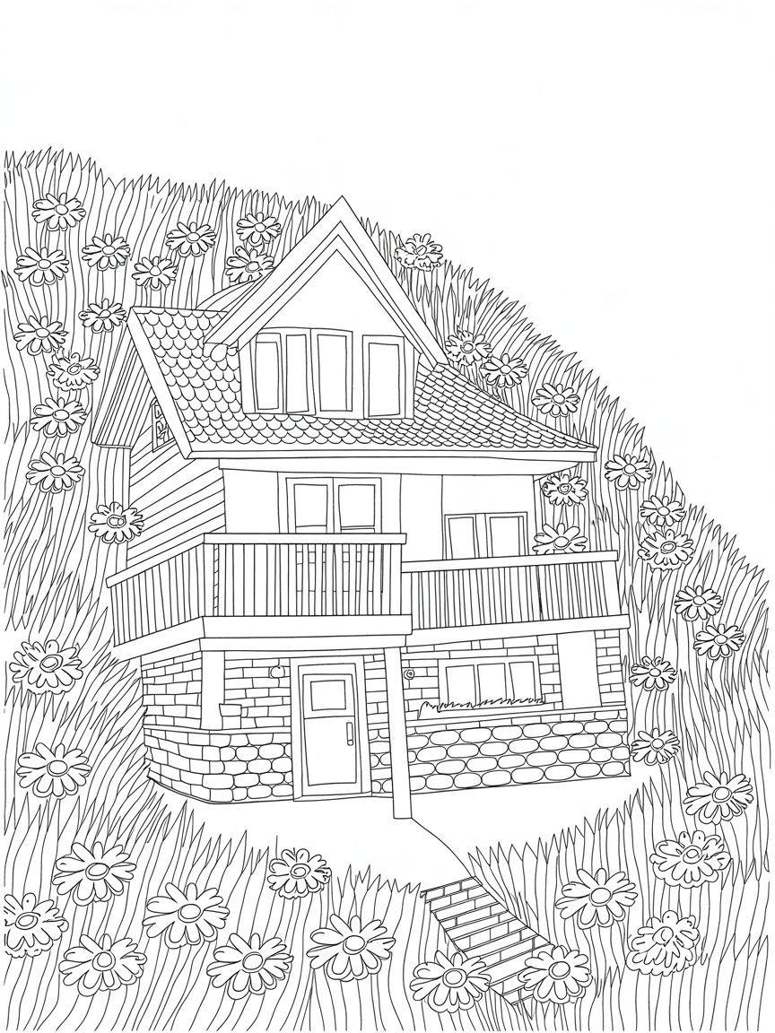 2 story house built into a hill, so that the front door is at ground level on the first floor, and the back door is at ground level on the second floor. First level is made of stone. Second level is dark blue wood. Roofline is staggered in a 70's style. Second story deck in front. Yellow and purple flowers on the hill. - Free Coloring Page