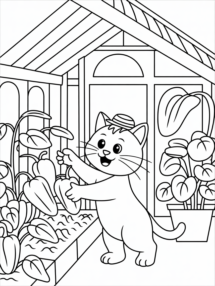 A cat picking paprika in a greenhouse - Free Coloring Page