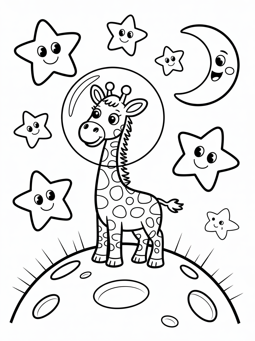 Giraffe wearing astronaut helmet exploring space - Free Coloring Page