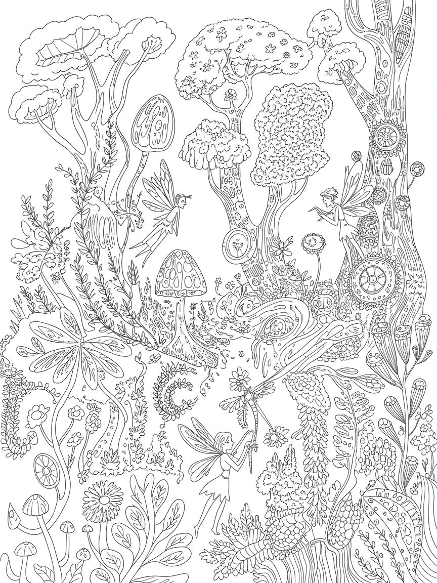 A steampunk woodland with fairies - Free Coloring Page