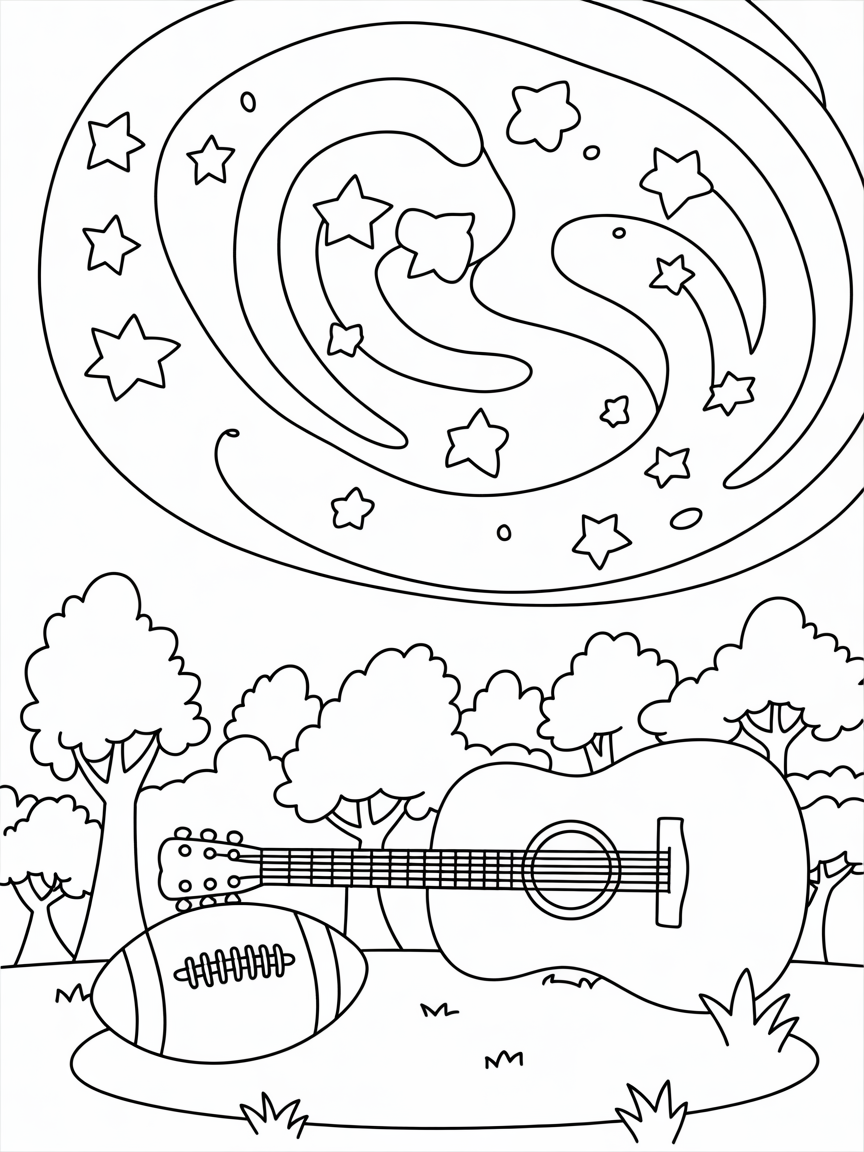 Guitar football forest galaxy - Free Coloring Page