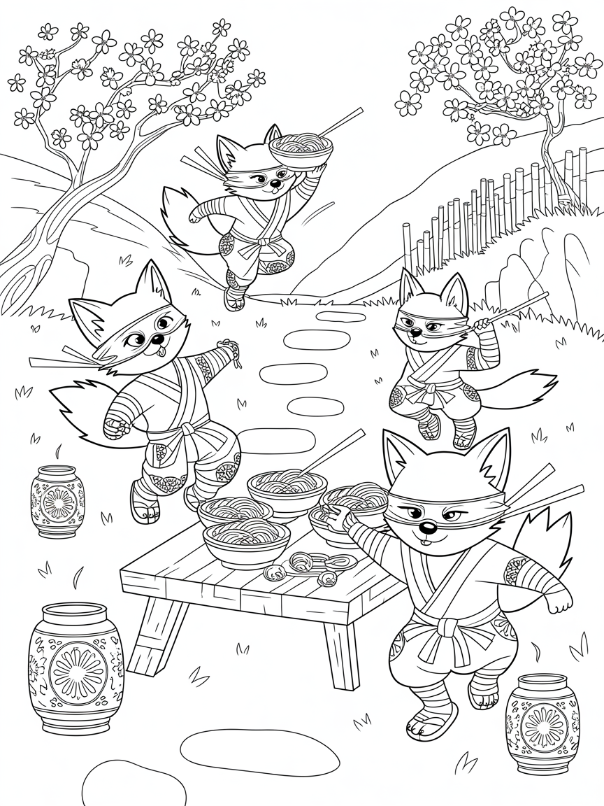 Ninja foxes playing in the sun and eating noodles - Free Coloring Page