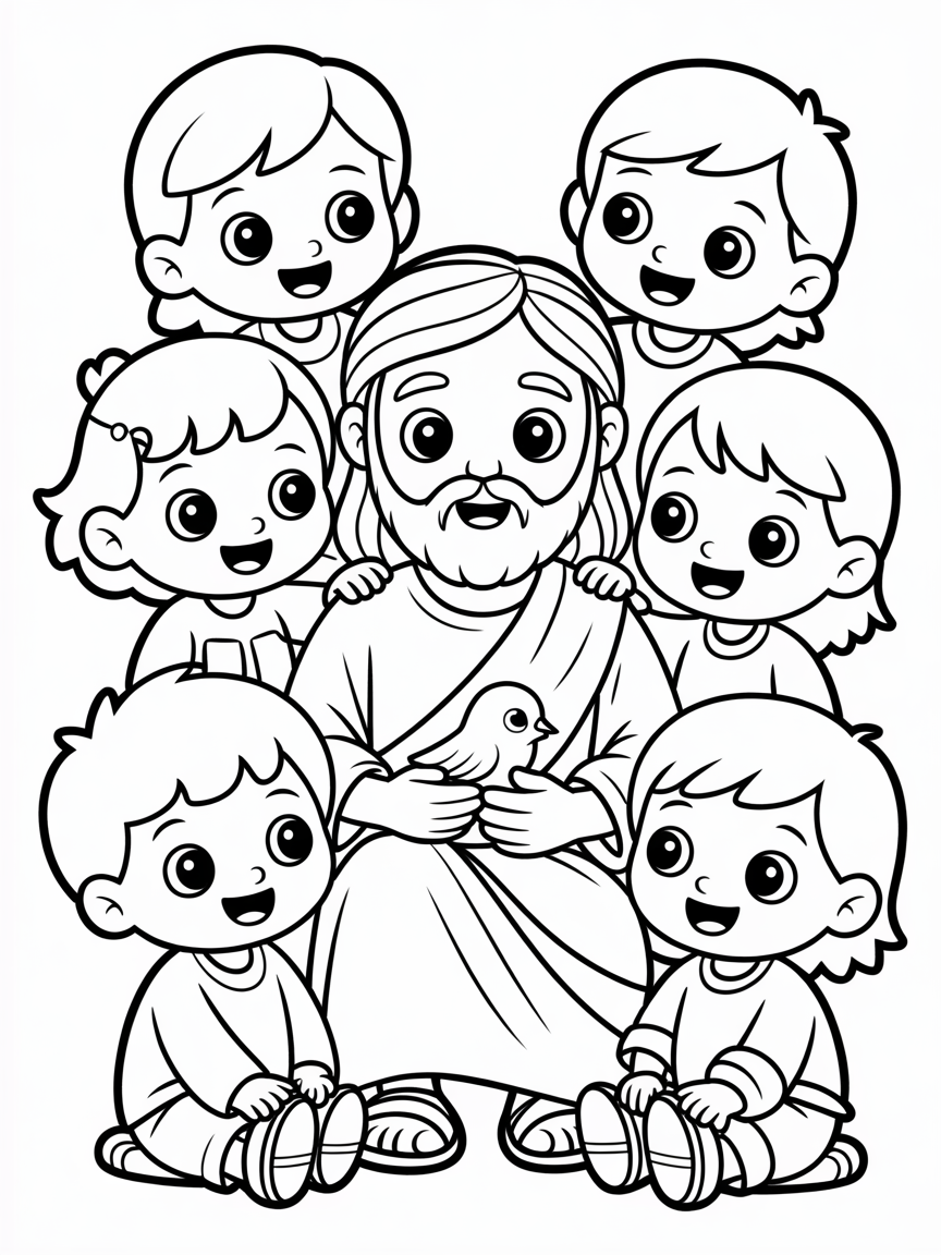 Jesus surrounded by children kawaaii style - Free Coloring Page