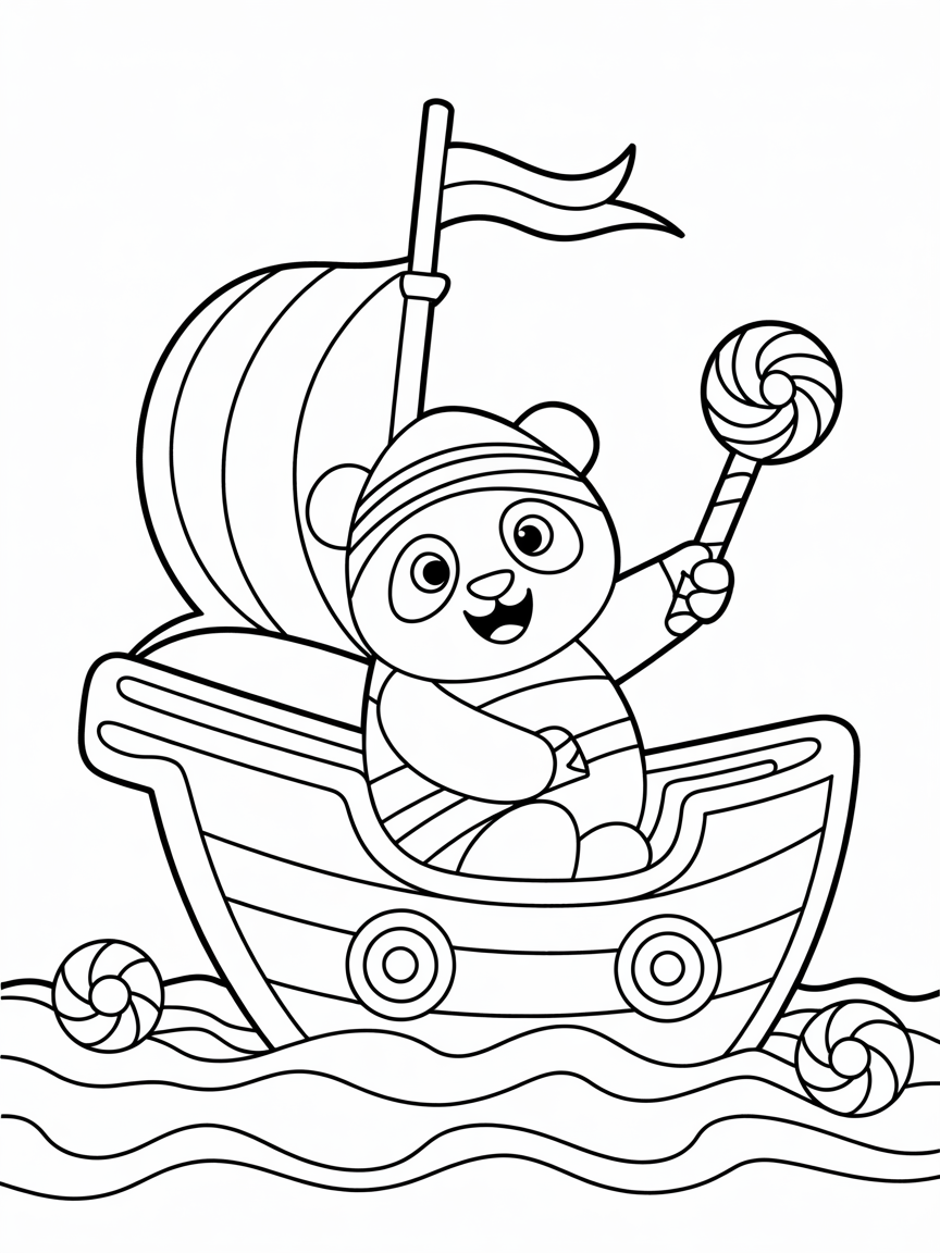 Panda pirate sailing the candy seas - Free Coloring Page