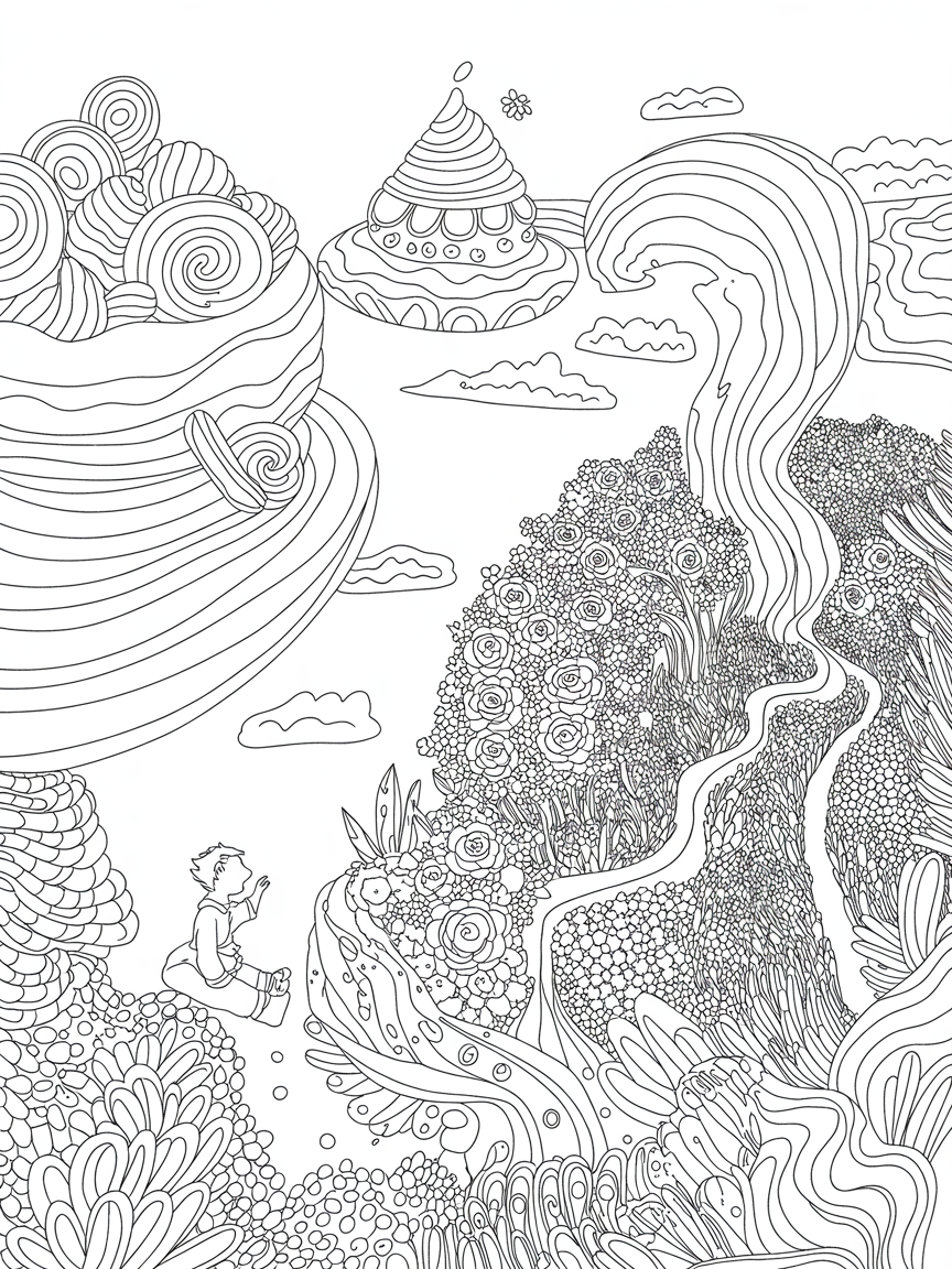 Little prince sailing the candy seas with the fox discovering the rose floral forest kingdom on a planet - Free Coloring Page
