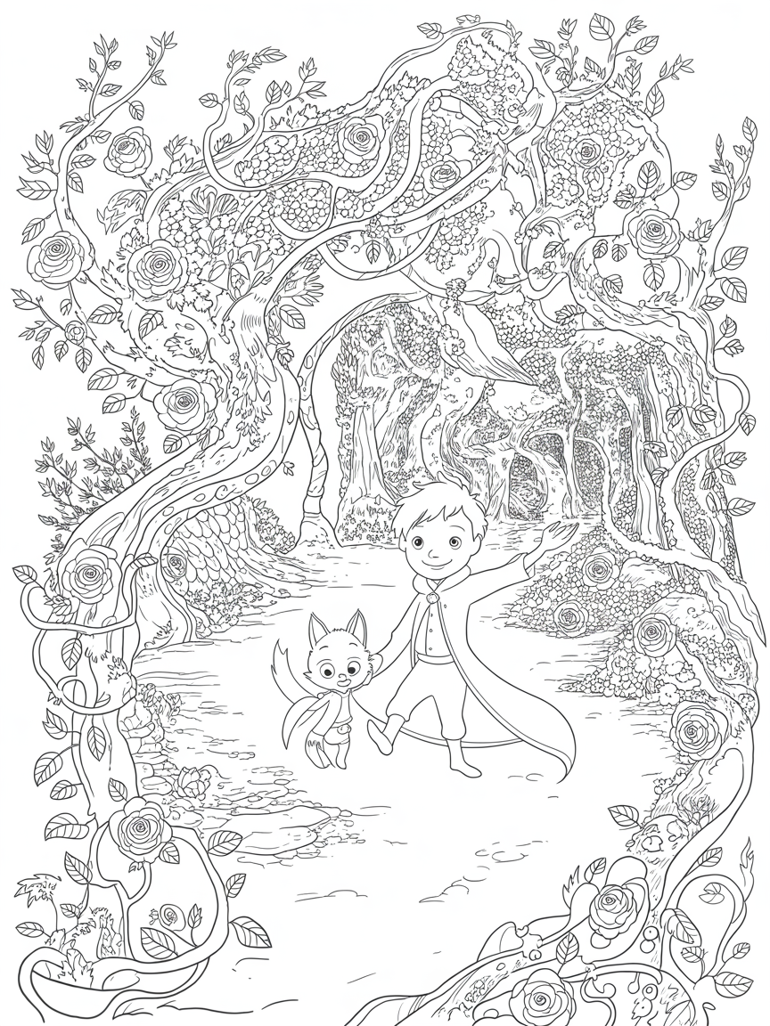 Little prince dancing with the fox in the rose floral forest kingdom on a planet - Free Coloring Page
