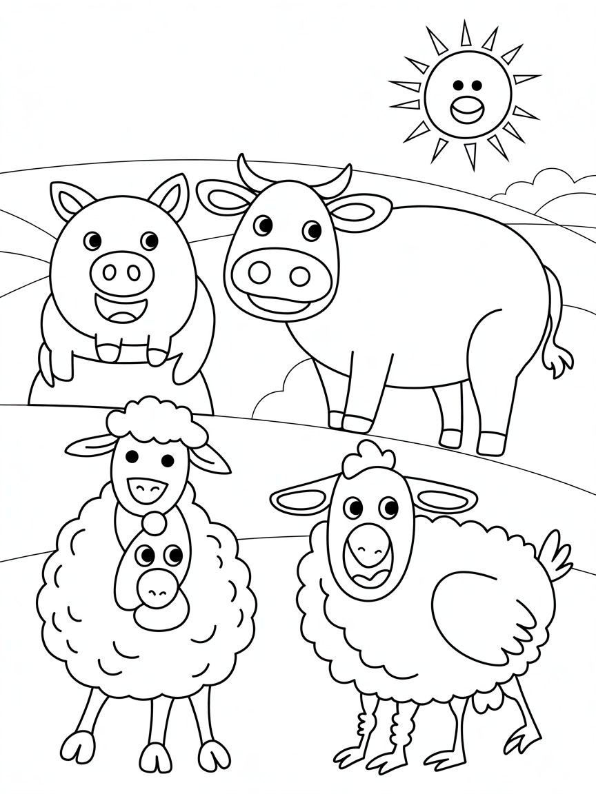 Very easy copy and cute with animals - Free Coloring Page