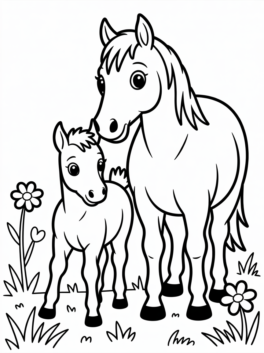 Horse with foal in field - Free Coloring Page