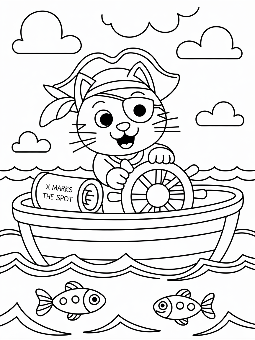 Pirate cat sailing a treasure map - Free Coloring Page