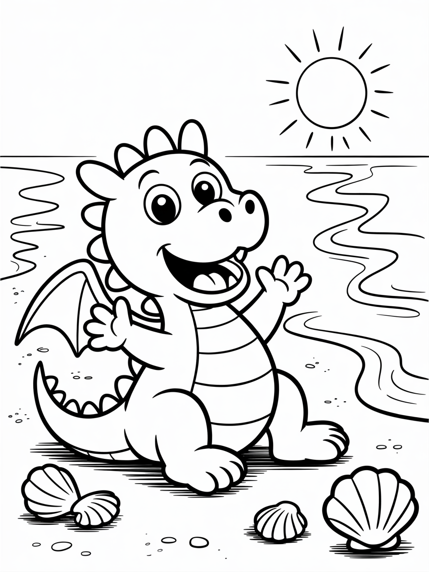 Friendly dragon at the seaside - Free Coloring Page