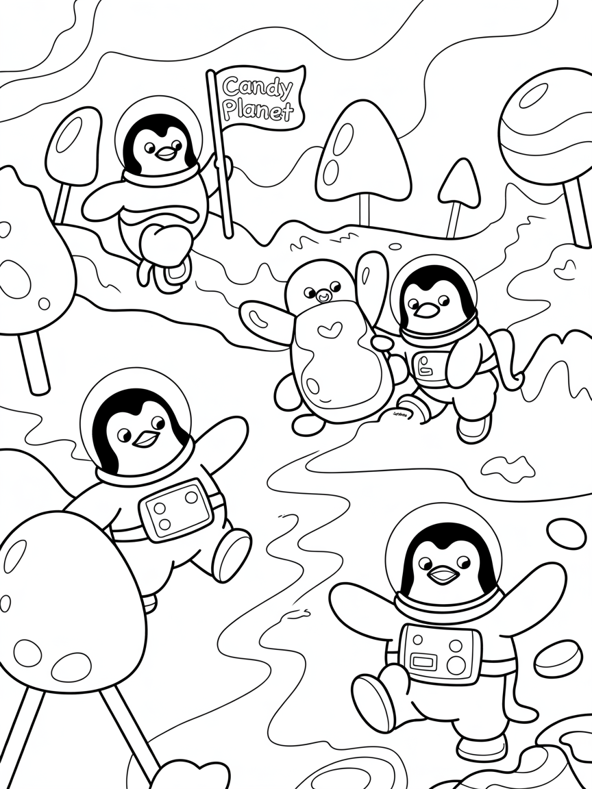Penguin astronauts exploring a candy planet - Free Coloring Page
