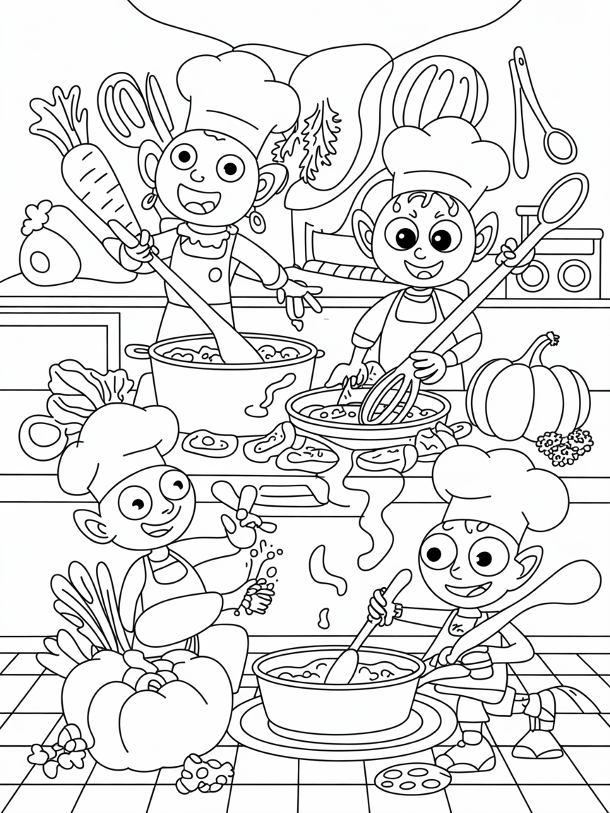 Alien chefs cooking with giant vegetables - Free Coloring Page