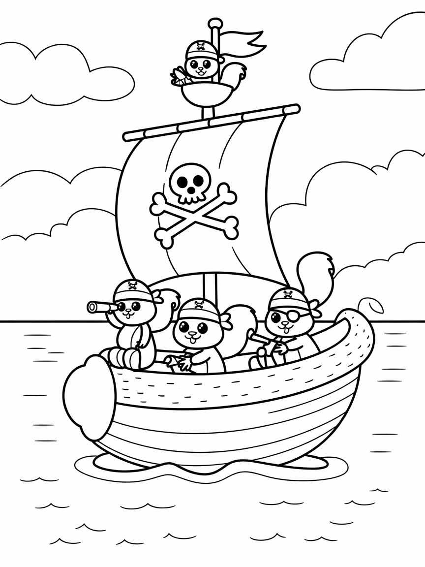 Pirate squirrels sailing acorn ship - Free Coloring Page