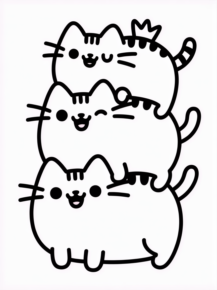 kawaii pusheen on top of each other - Free Coloring Page