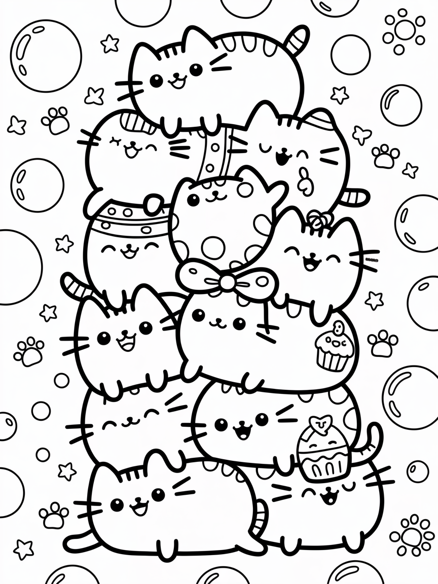 kawaii pusheen on top of each other lots - Free Coloring Page