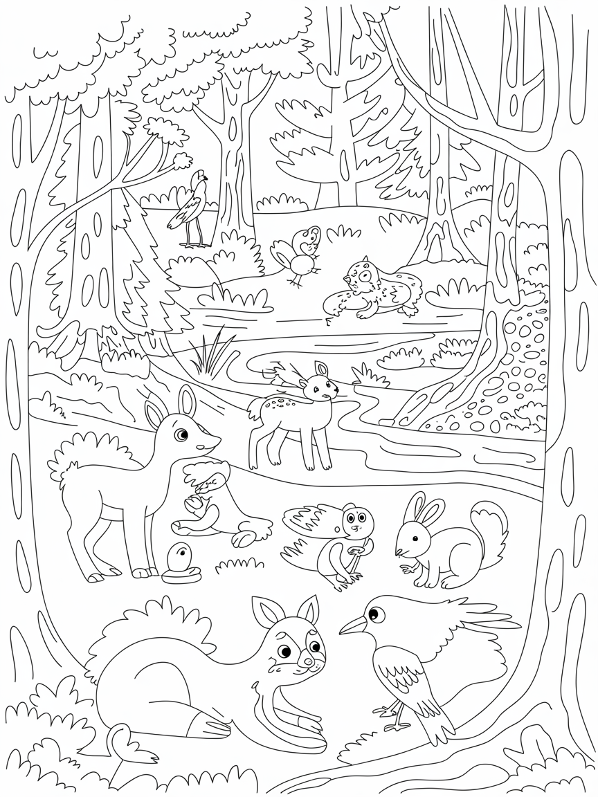 a forest with animals - Free Coloring Page