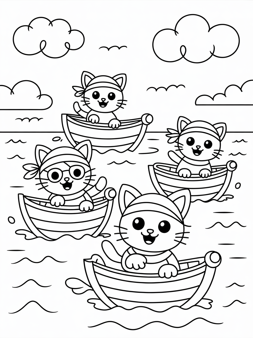 Pirate kittens sailing rainbow ships - Free Coloring Page