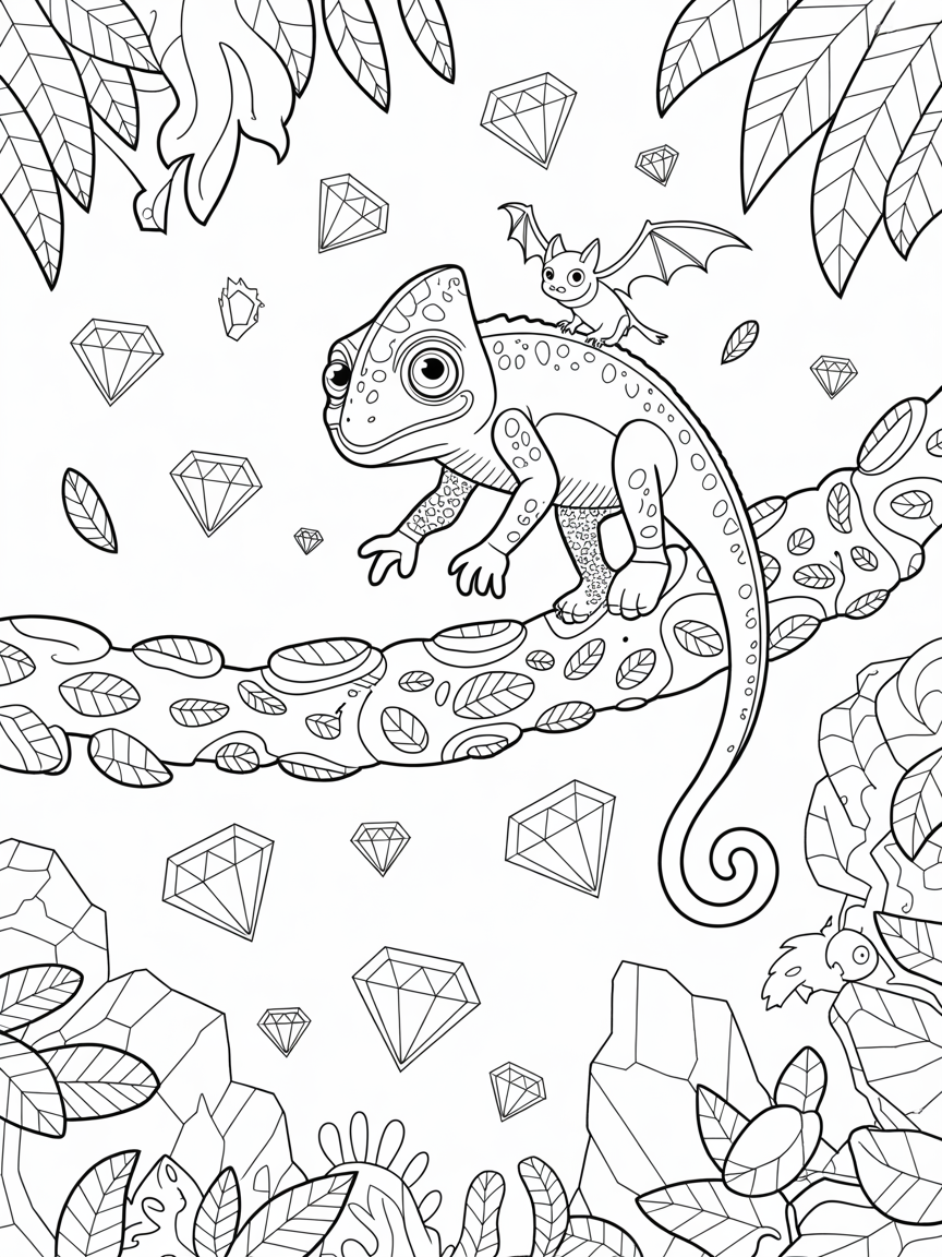 A platformer videogame where the player is a chameleon with a bat sidekick on its shoulder collecting floating diamonds - Free Coloring Page