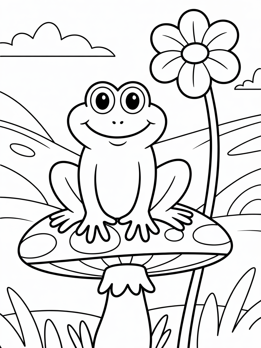 Big frog sitting on a mushroom near a red flower - Free Coloring Page