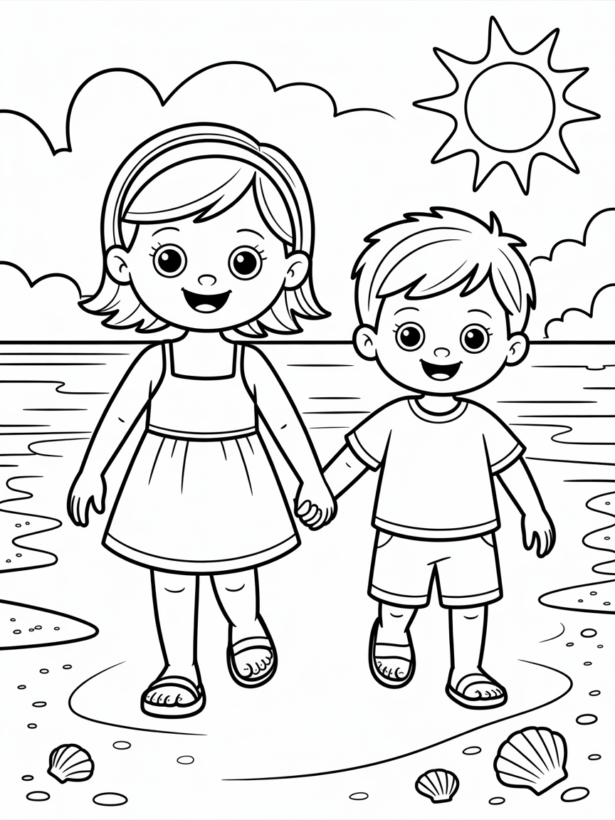 A little girl holding hands with her even smaller brother on a beach - Free Coloring Page