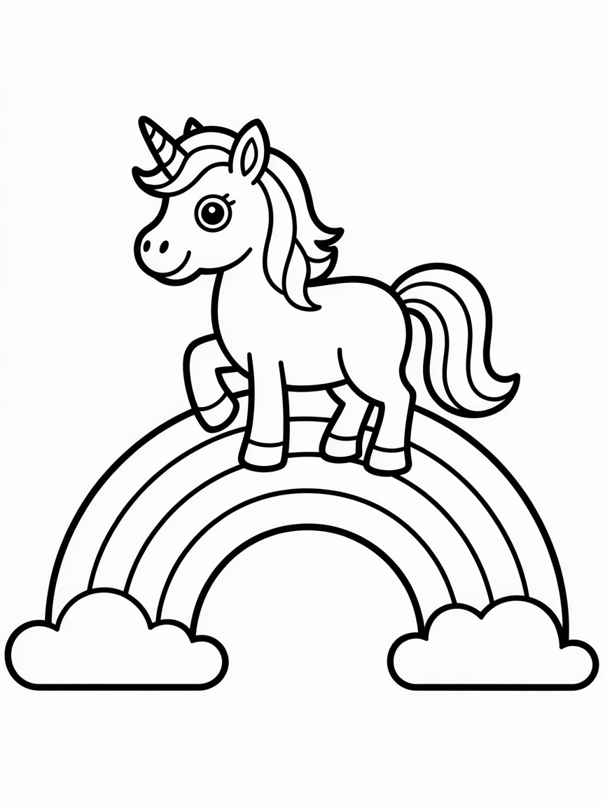 A unicorn on a rainbow - Free Coloring Page
