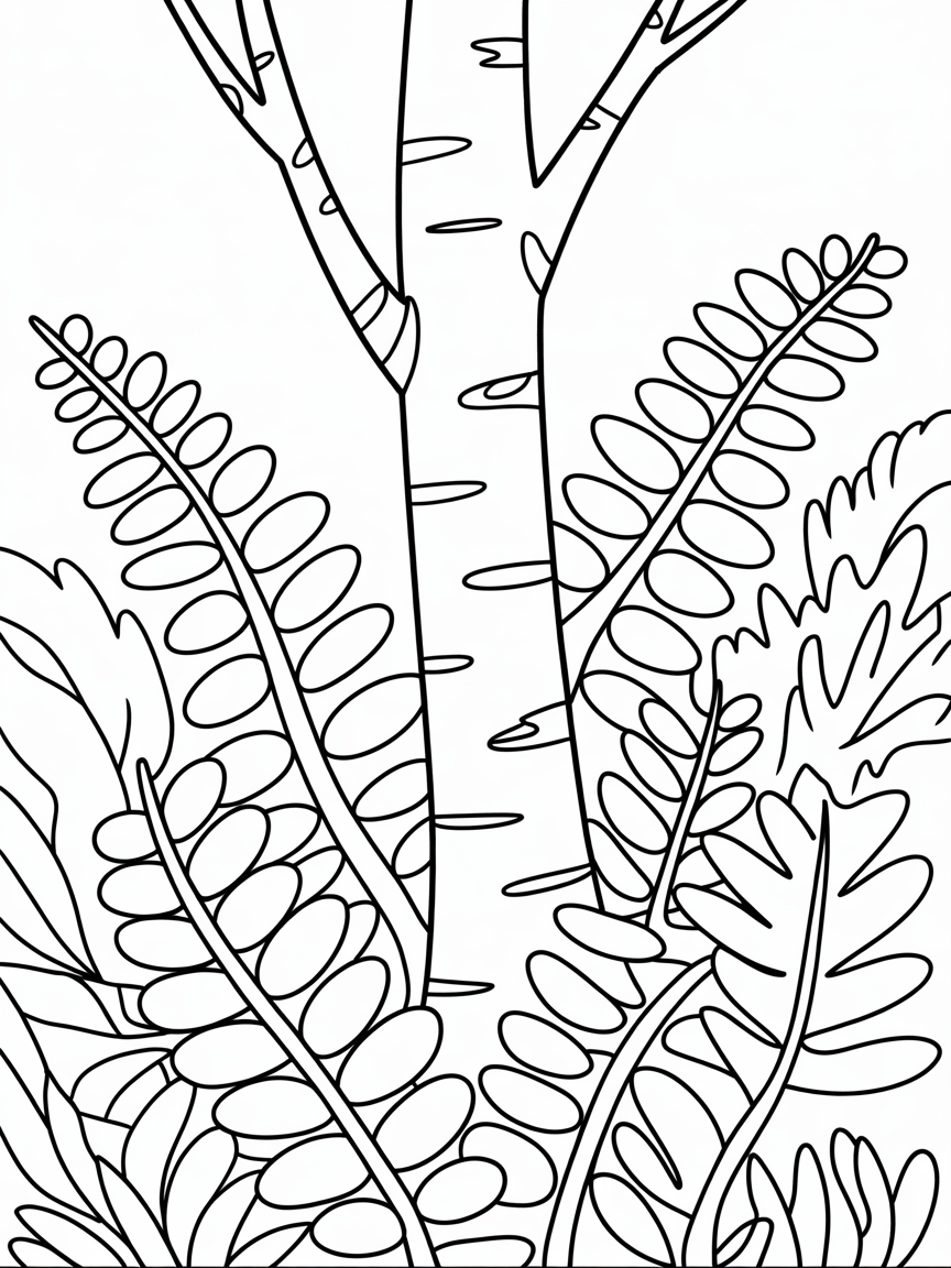 Silver birch and ferns - Free Coloring Page