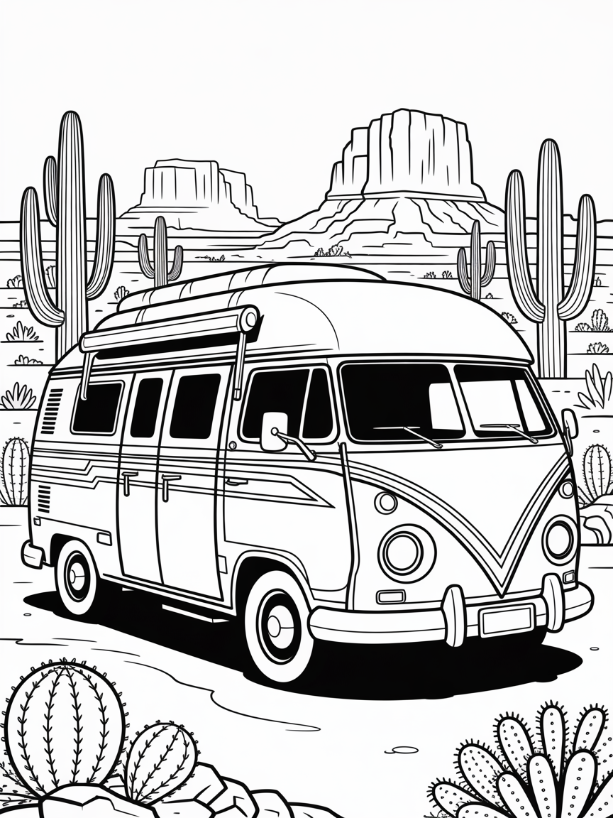 A camper van in an American desert - Free Coloring Page