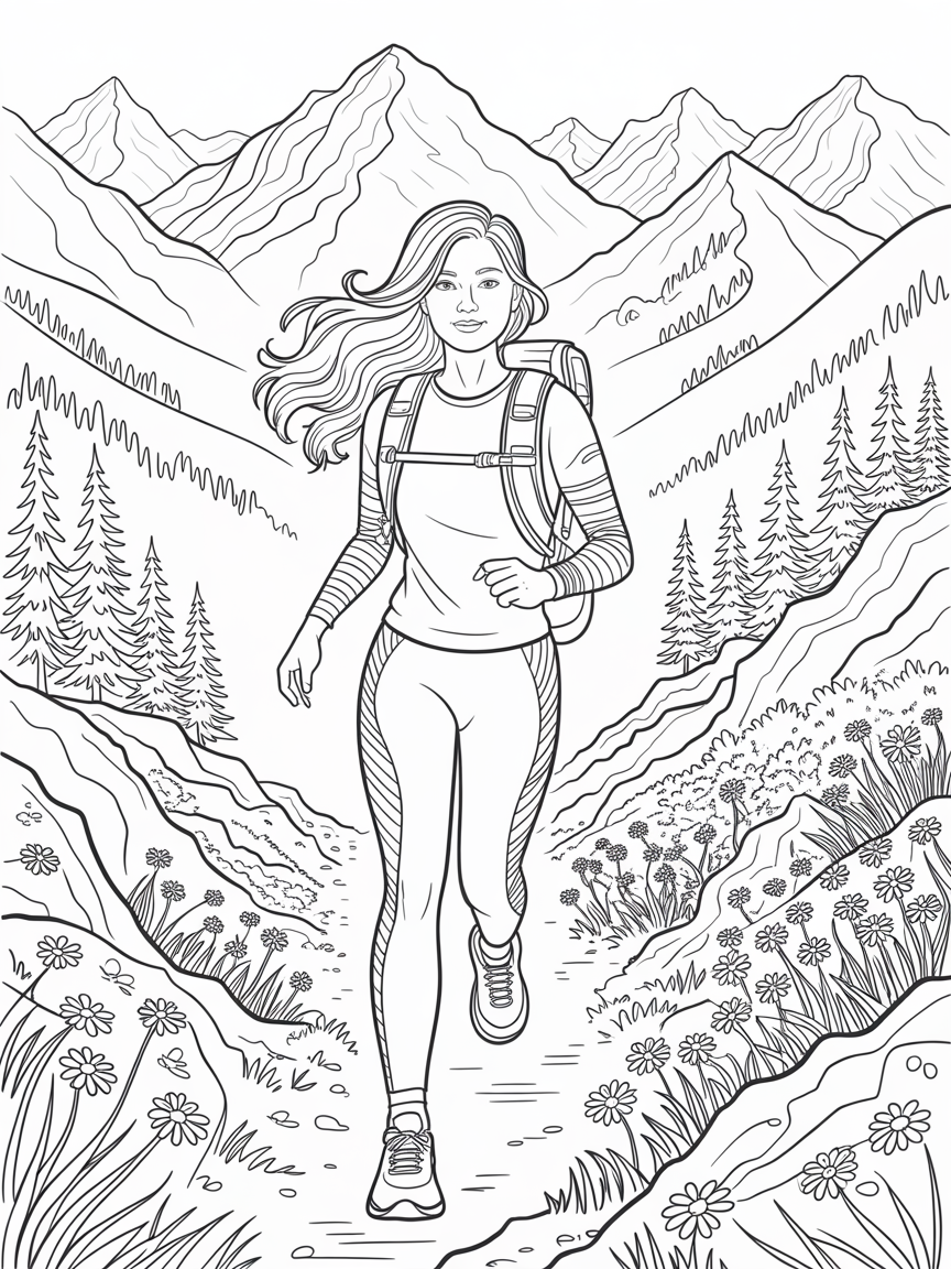 A woman running in the mountains - Free Coloring Page