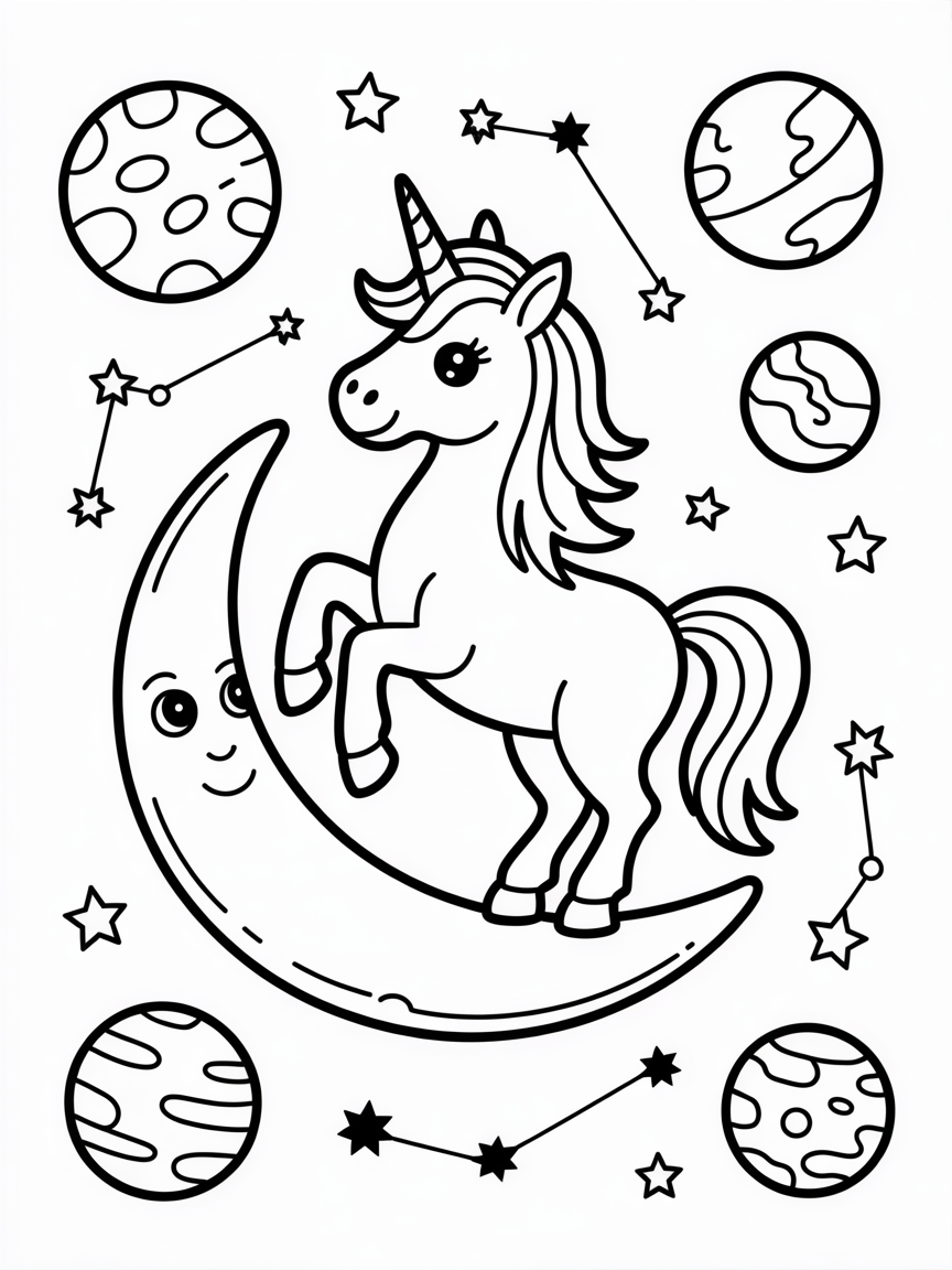Unicorn on the moon with solar system - Free Coloring Page