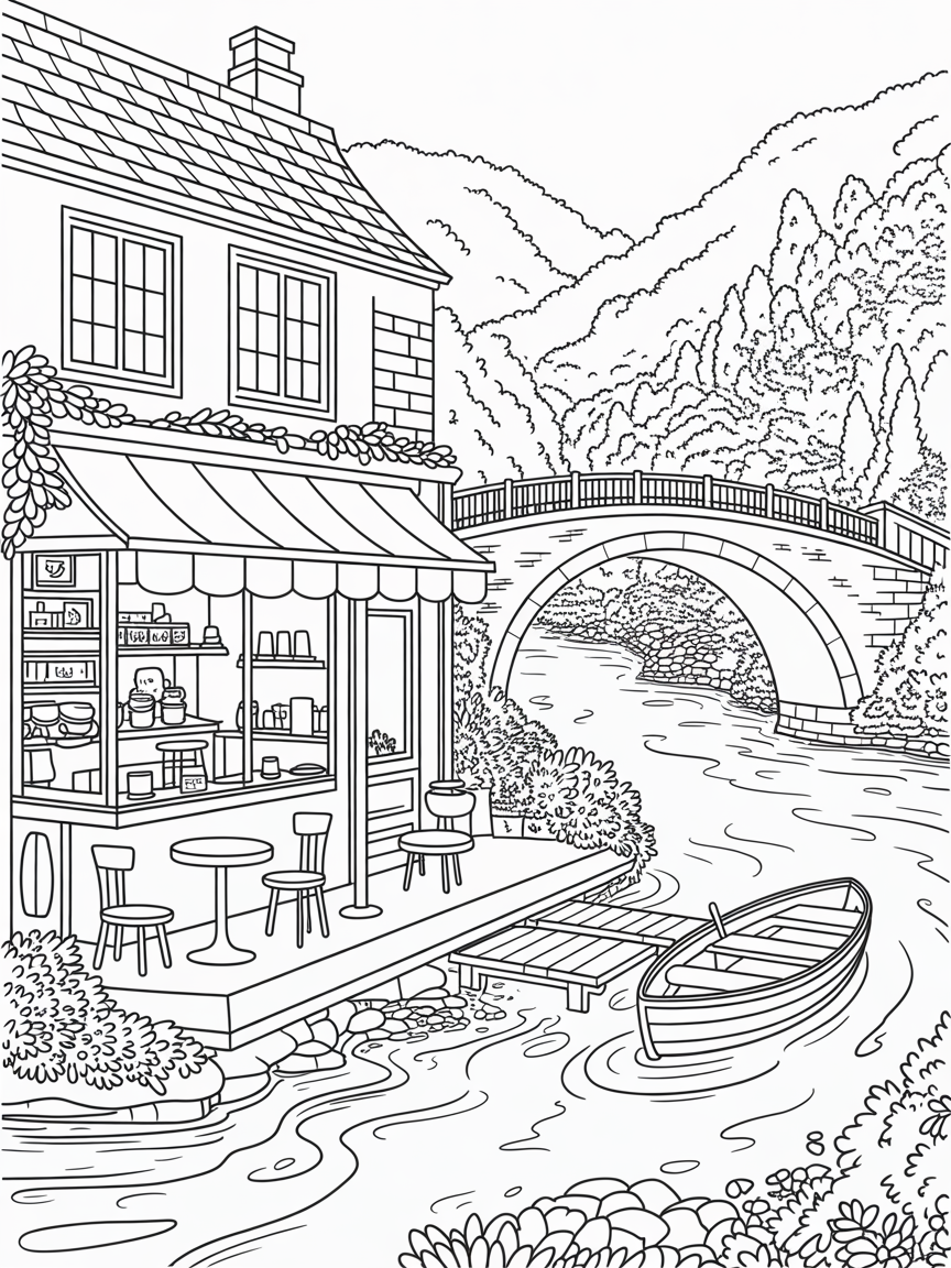 A coffee shop by a river - Free Coloring Page