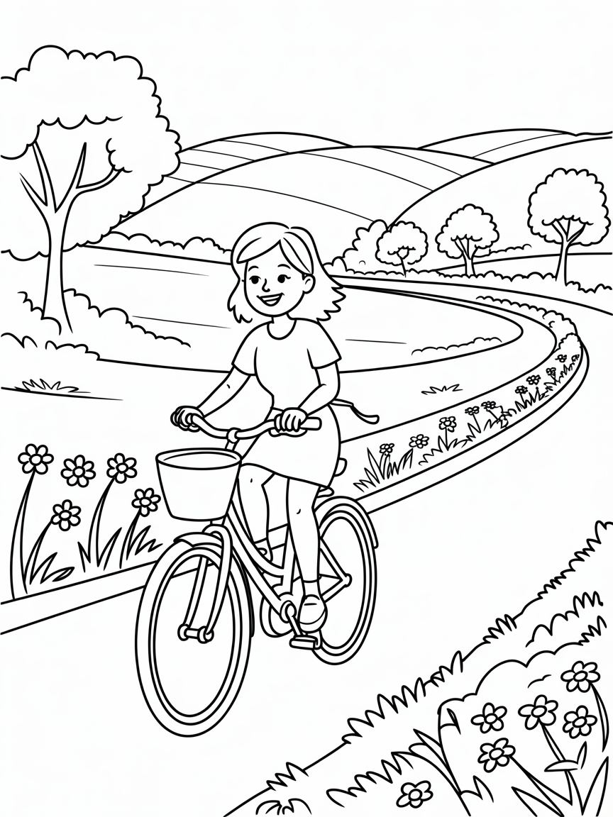 A woman cycling through English country lane - Free Coloring Page