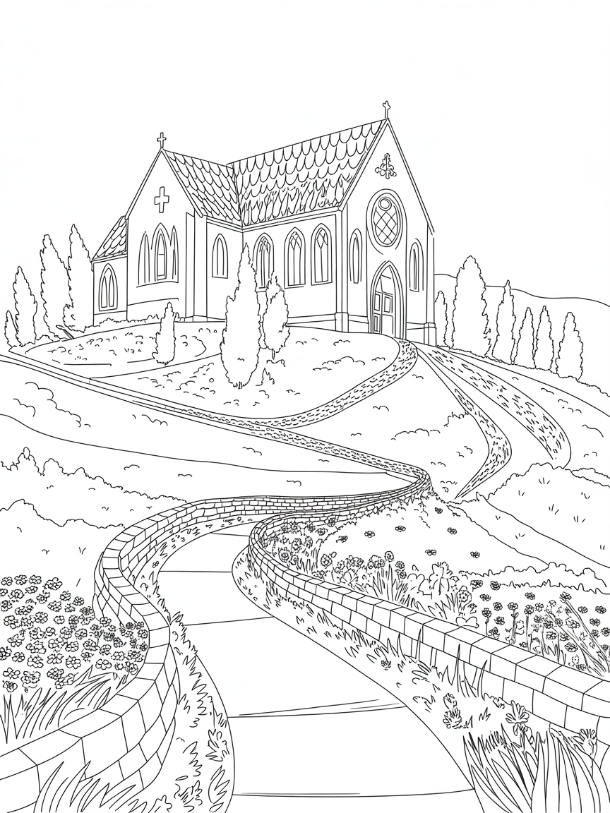 A church on a hill - Free Coloring Page