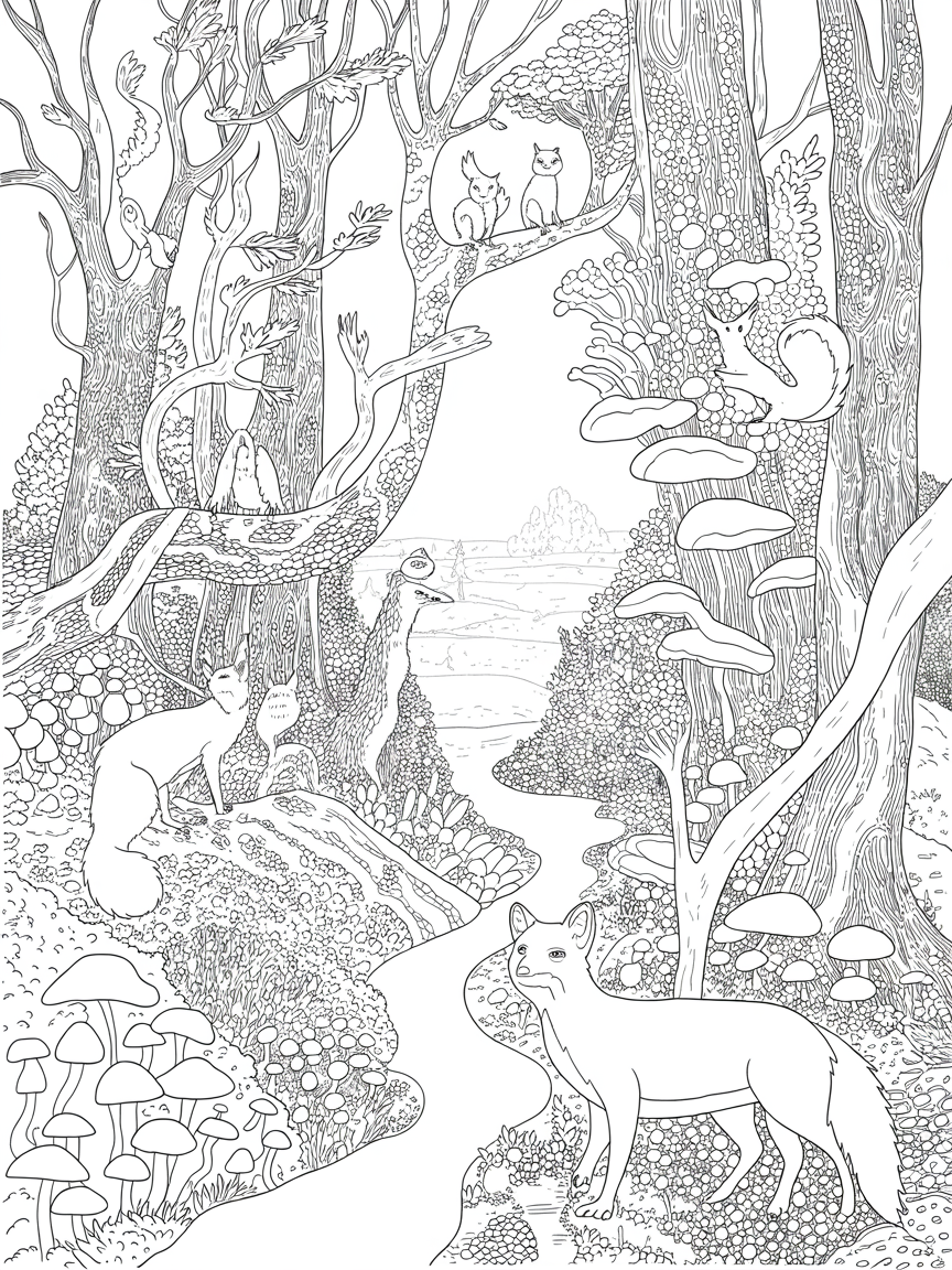 British wild life trees mushrooms pagan - Free Coloring Page