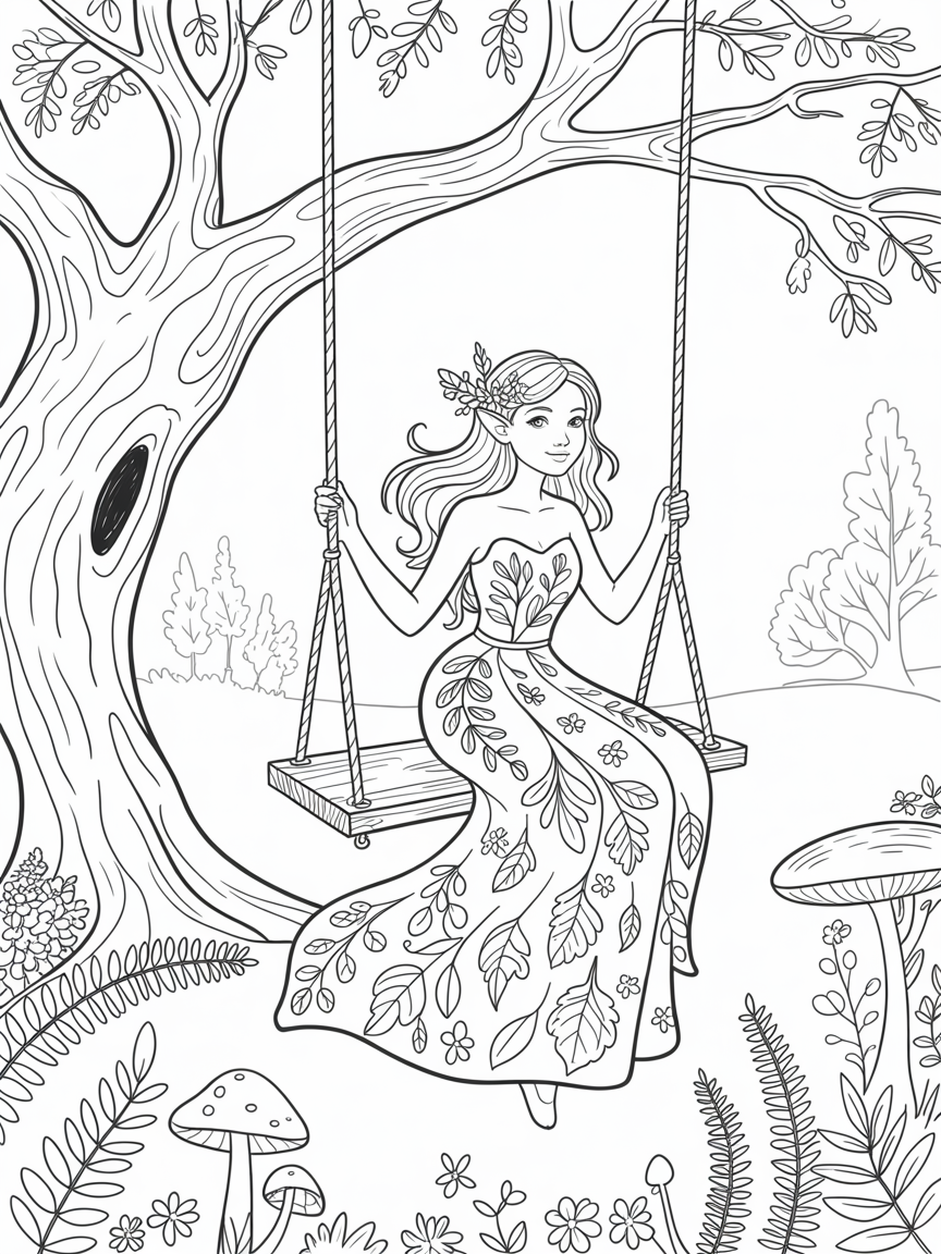 Fairy on a swing in the woodland - Free Coloring Page