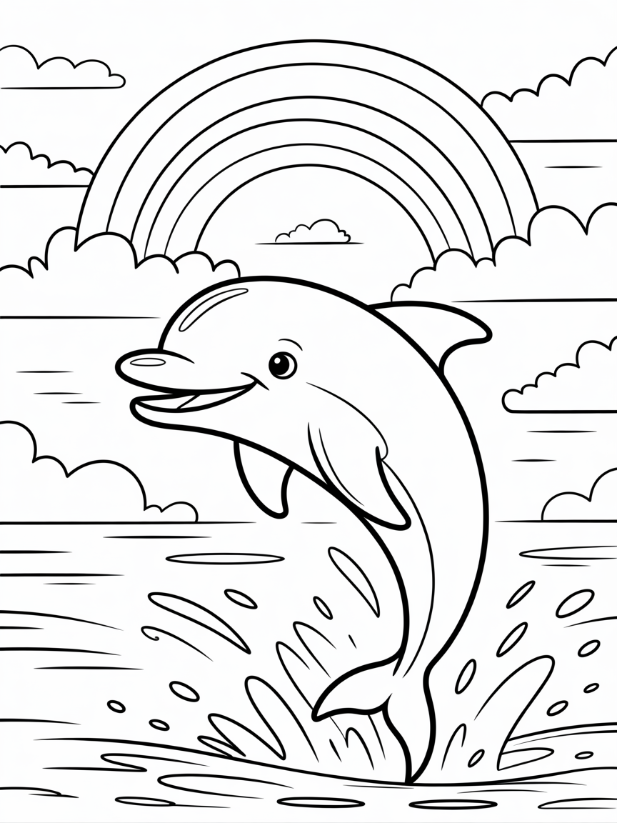 Jumping dolphin with rainbow - Free Coloring Page