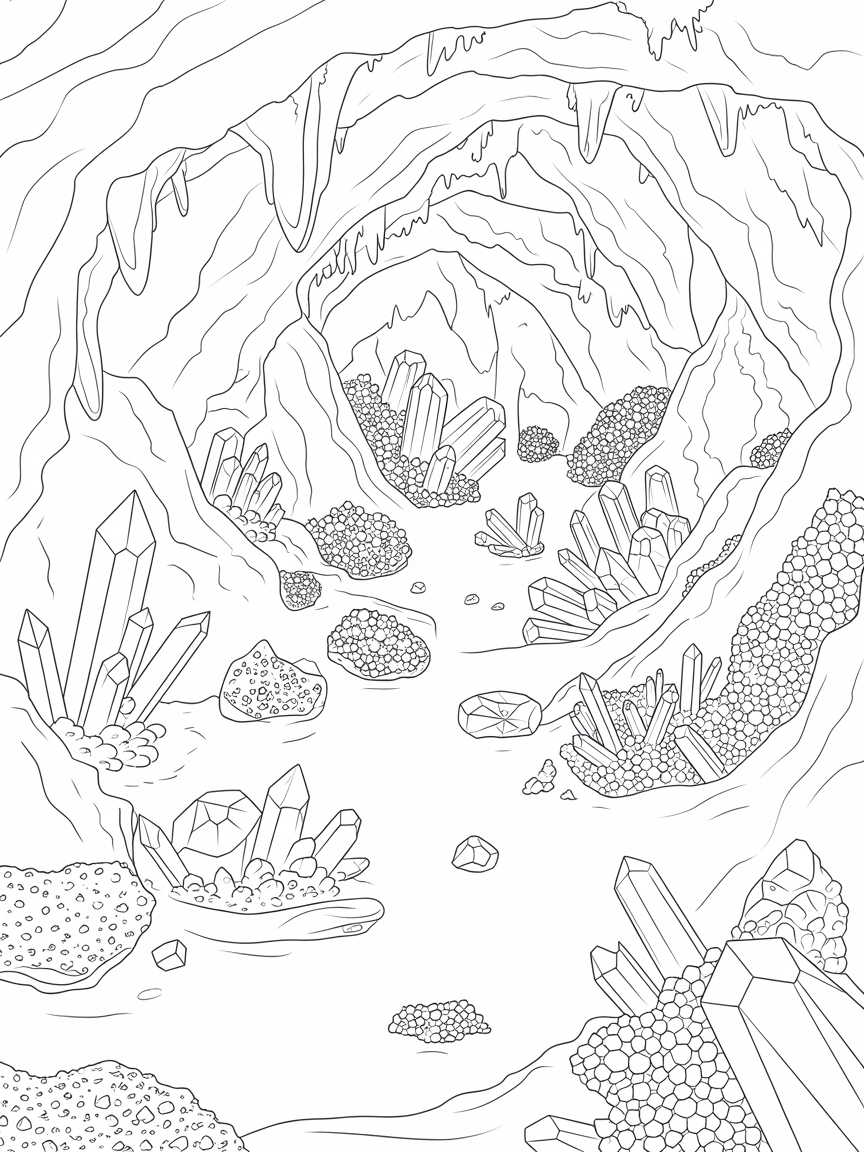 Crystals growingin a cave - Free Coloring Page