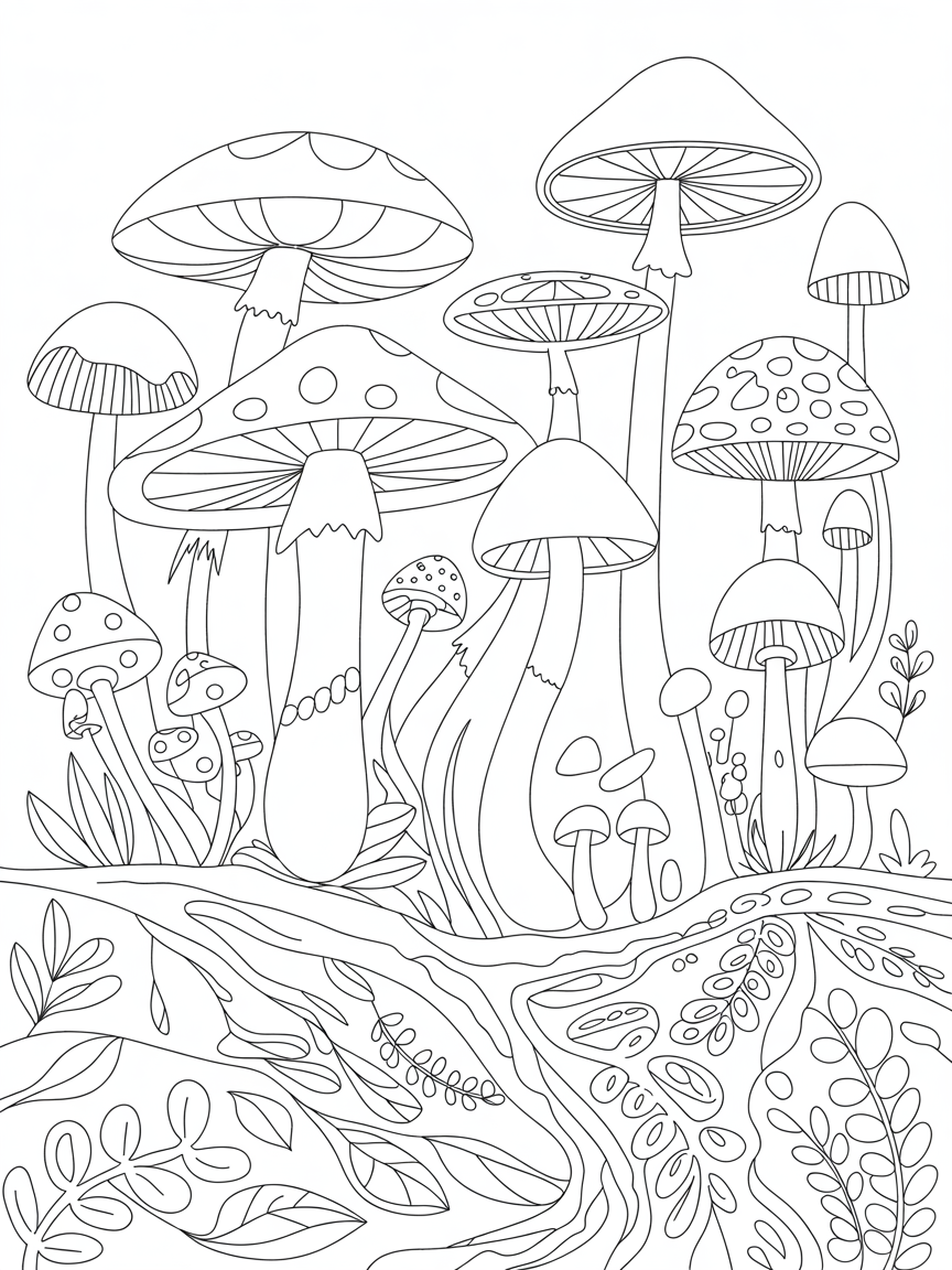 Mushroom forest - Free Coloring Page