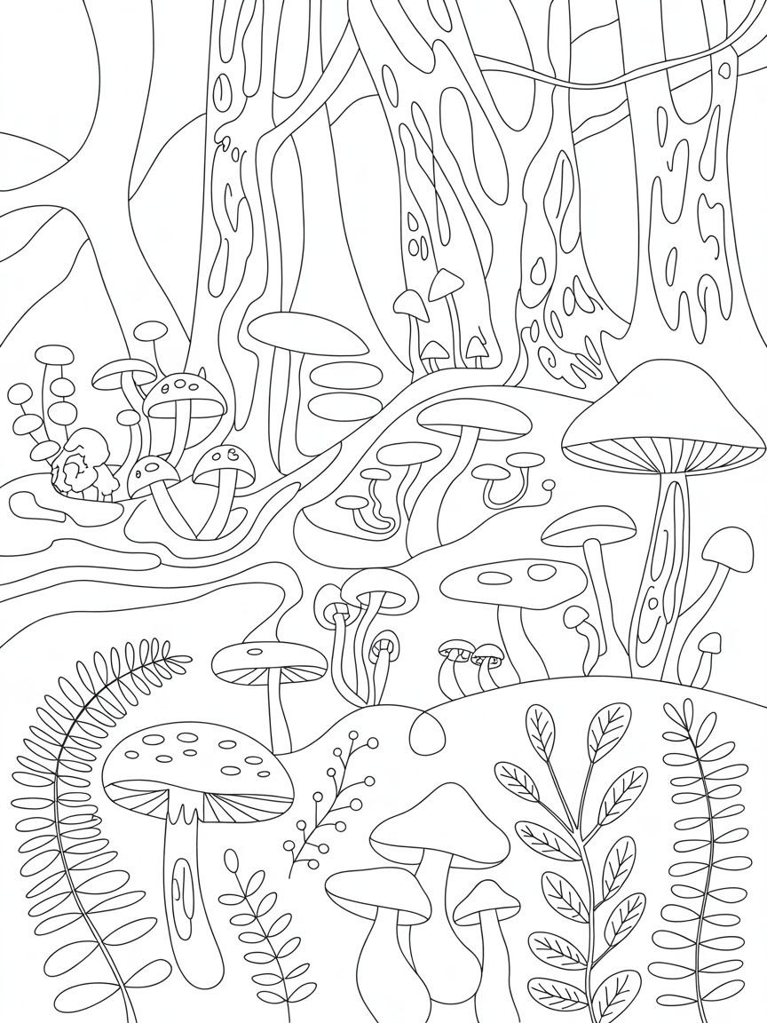 forest with mushrooms - Free Coloring Page