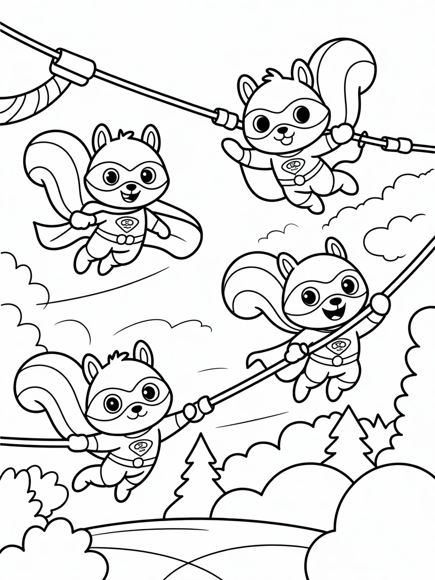 Superhero squirrels on a zipline adventure - Free Coloring Page